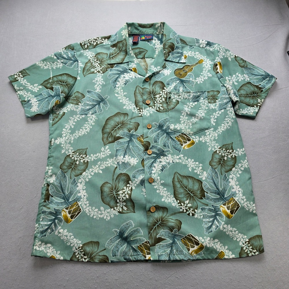 Roundy Bay Mens Hawaiian Shirt Large Green Tropical Monstera Ukulele Camp Collar